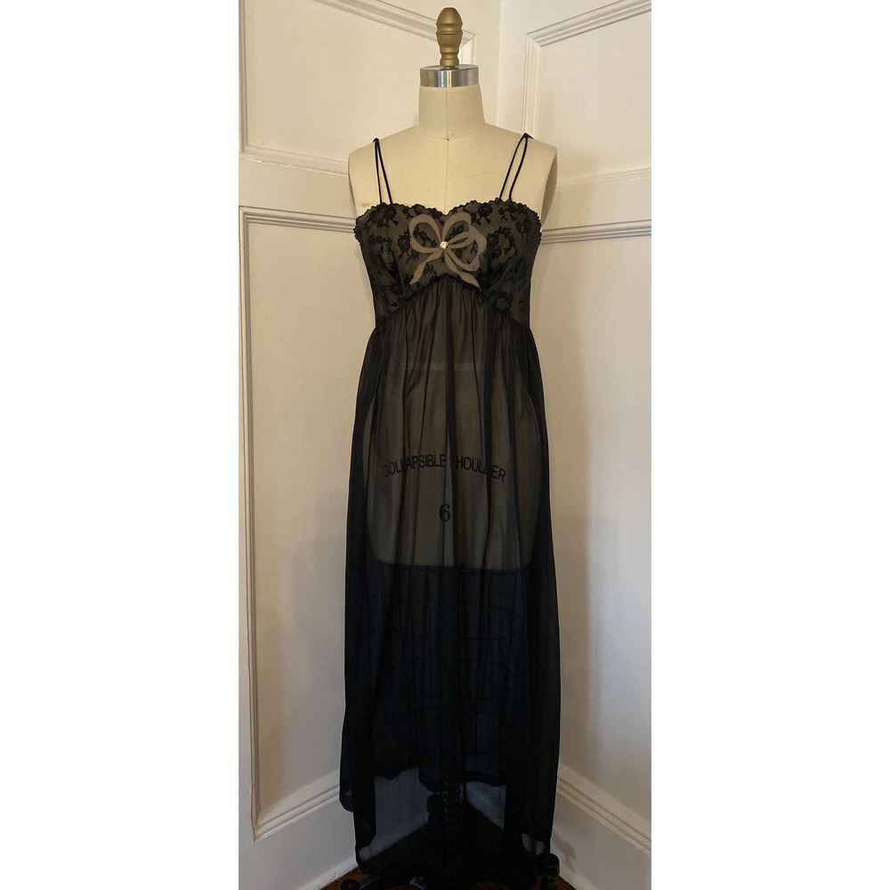 VTG 70's Long Black Spaghetti Strap Sheer Negligee/Nightdress Lace Bows Size S/6